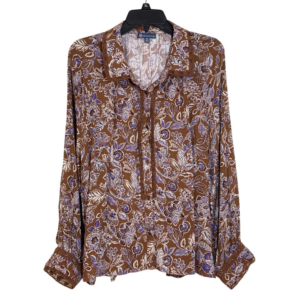 NWT Democracy XL Top Long Sleeve Button Up Brown Cream Purple Floral Lace Accent